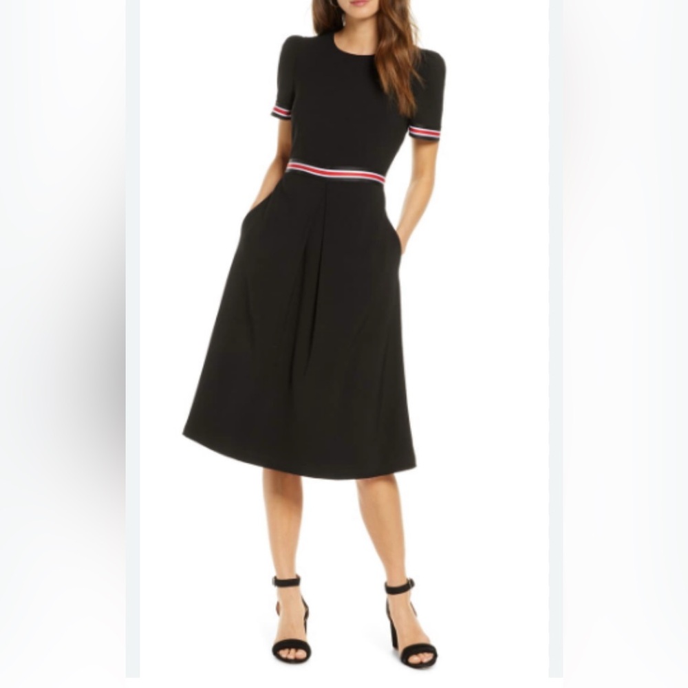 1901 Black Midi Dress with Red and White Accents
